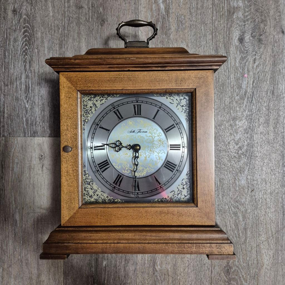Seth Thomas Brown Wood Mantel Clock with Silver Face